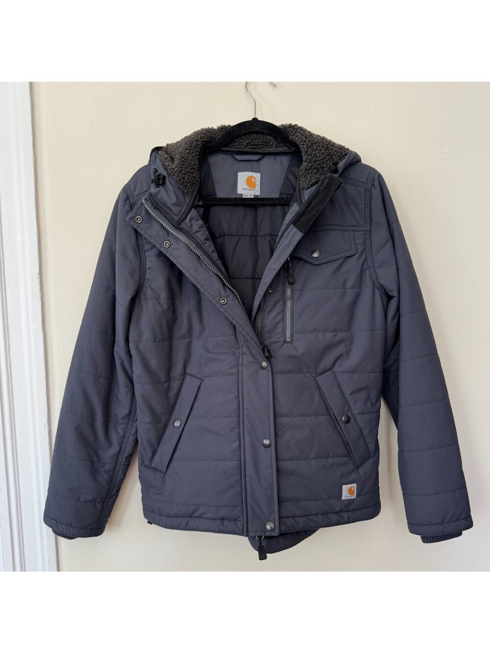 Carhartt Women's Amoret Quilted Puffer Jacket Size M Gray Sherpa Hood Snap Zip